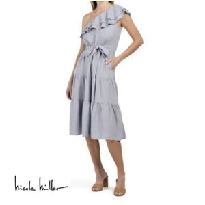 NWT Nicole Miller One Shoulder Ruffle Trim Tiered Dress, Linen, Medium